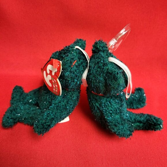 Holiday Green Teddy Ty Jingle Beanies Set of 2 Plush Christmas Ornaments 2004 - Picture 3 of 12